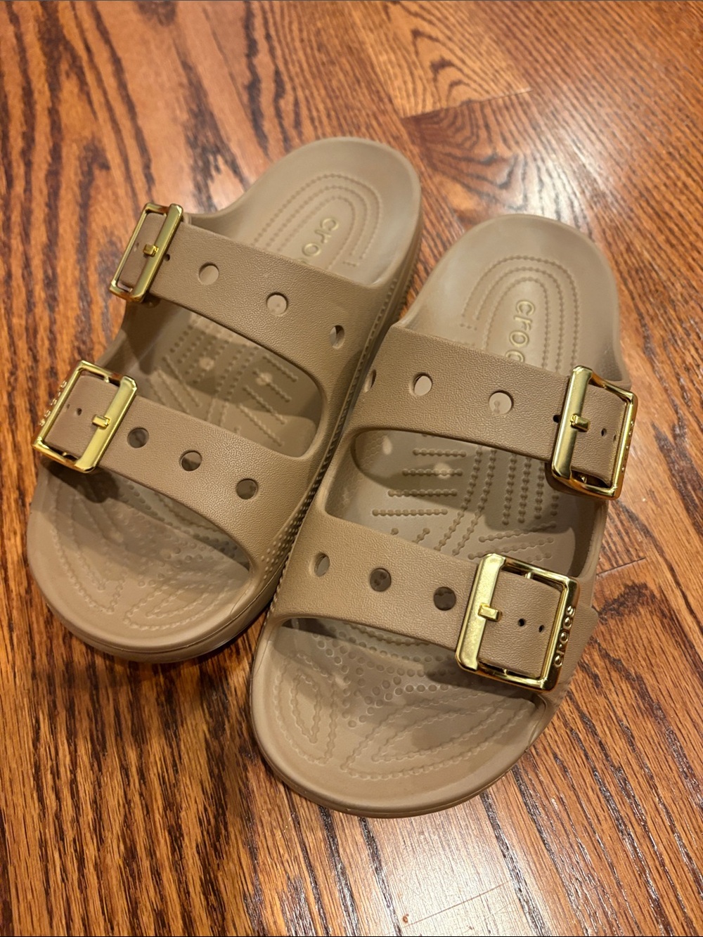 CROCS Women’s Double Buckle Slide Sandals - Taupe with Gold Buckles